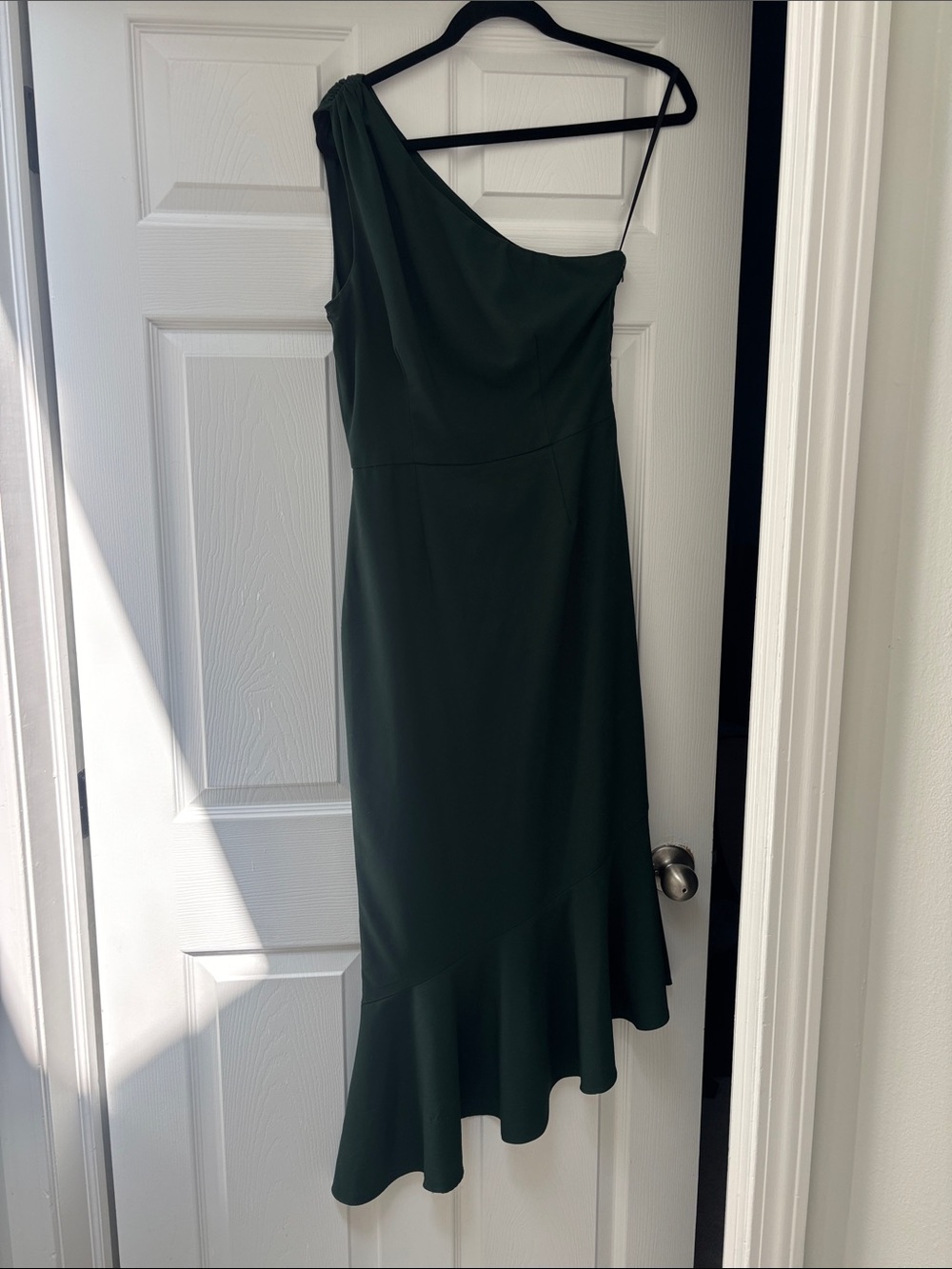 Hutch One-Shoulder Dark Forest Green Fitted Ruffle-Hem Midi Dress